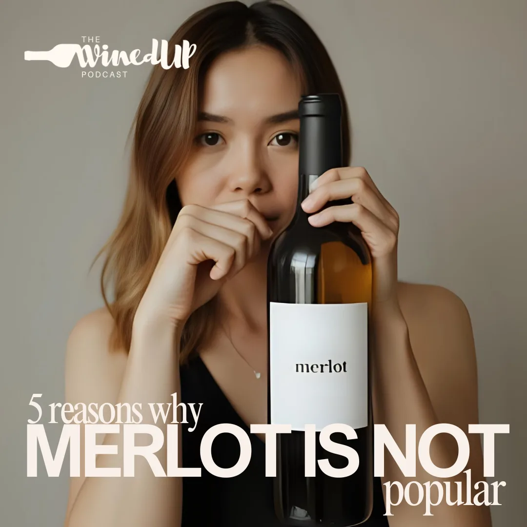 5 reasons why merlot is not popular - woman looking disappointed holding merlot bottle. The Wined Up Podcast.